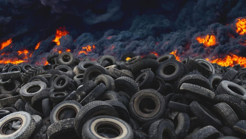 Rubber Tires on Fire. Rubber Tires are recycled into mulch